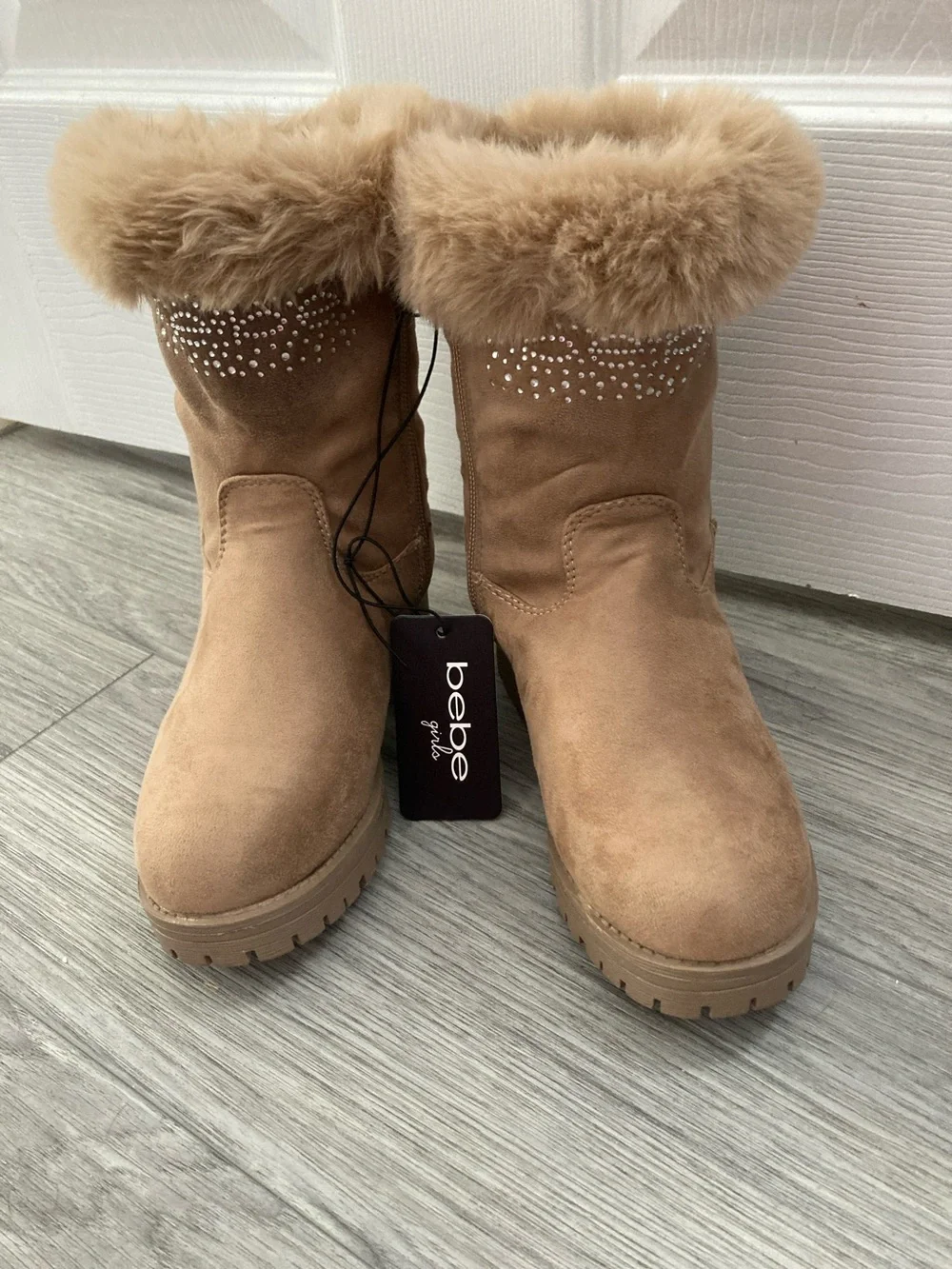 BEBE Sparkly Fur Cuff Boots Vegan Faux Fur Side Zipper Suede Girls Size 2